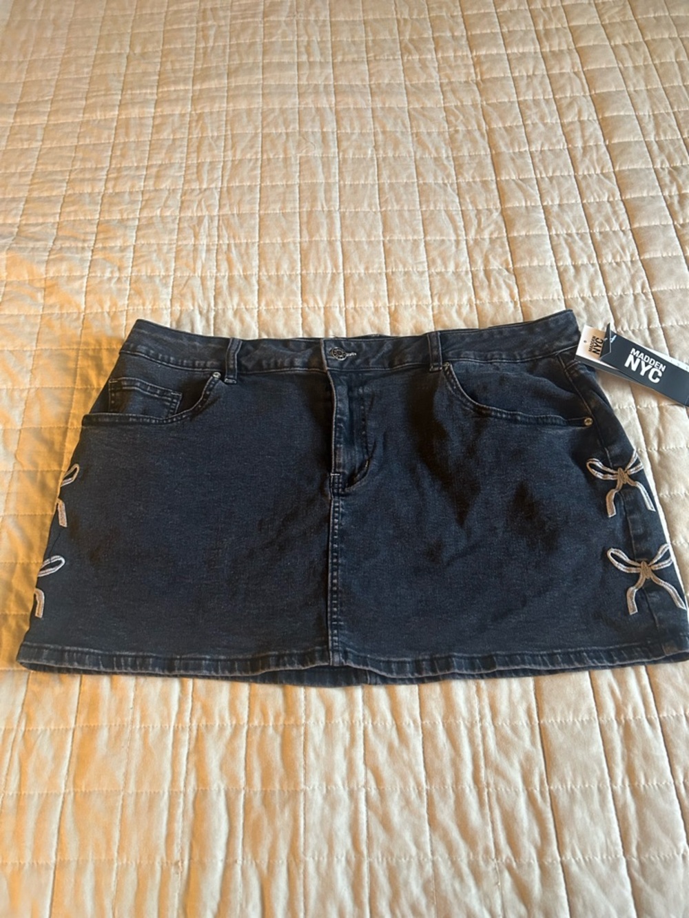 Black Denim Mini Skirt with Side Bow Details